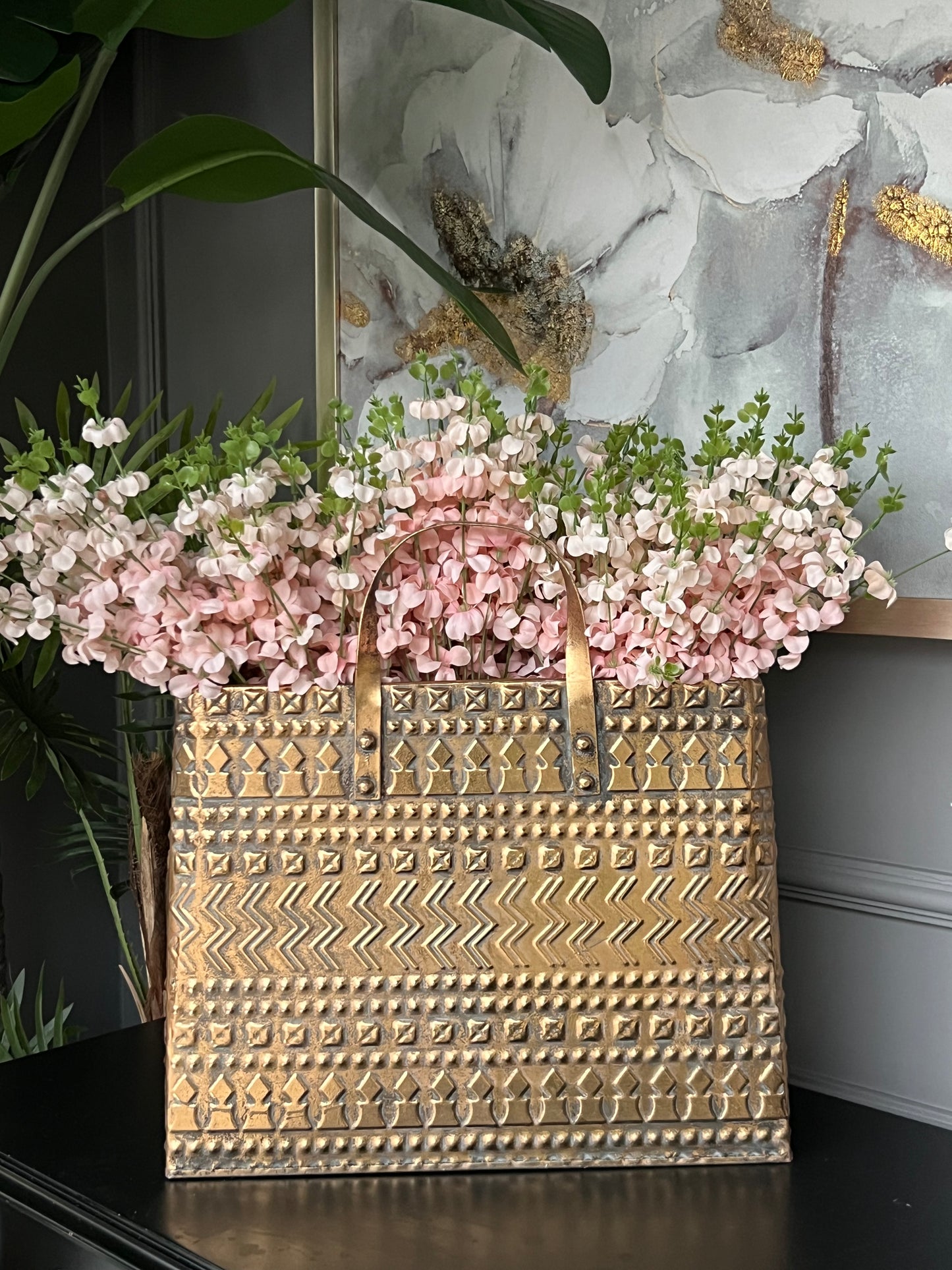 Metal Antik Gold Çanta Vazo 45 cm Büyük Boy