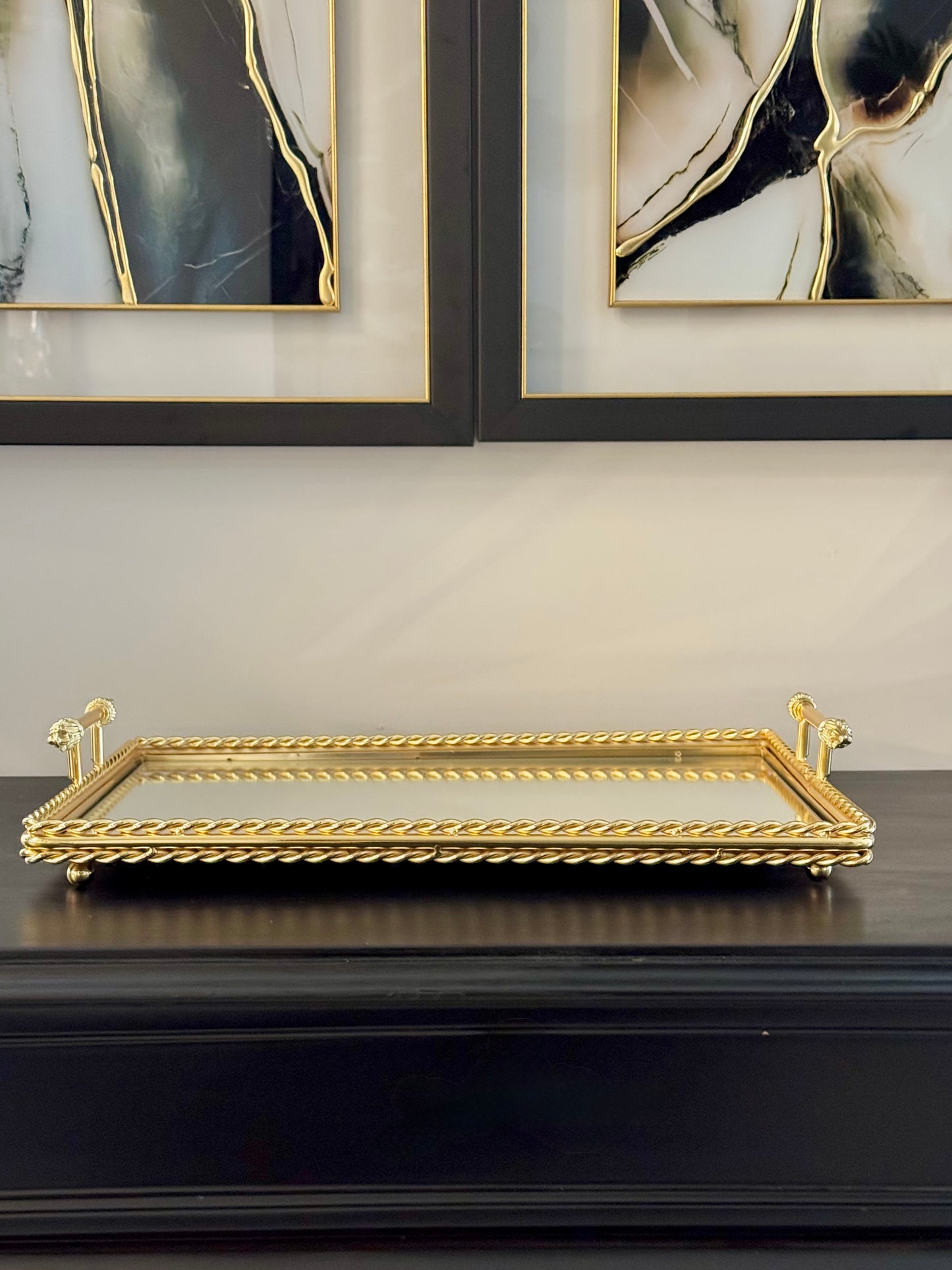 Dikdörtgen Gold 3 Katlı Kulplu Zincir Tepsi