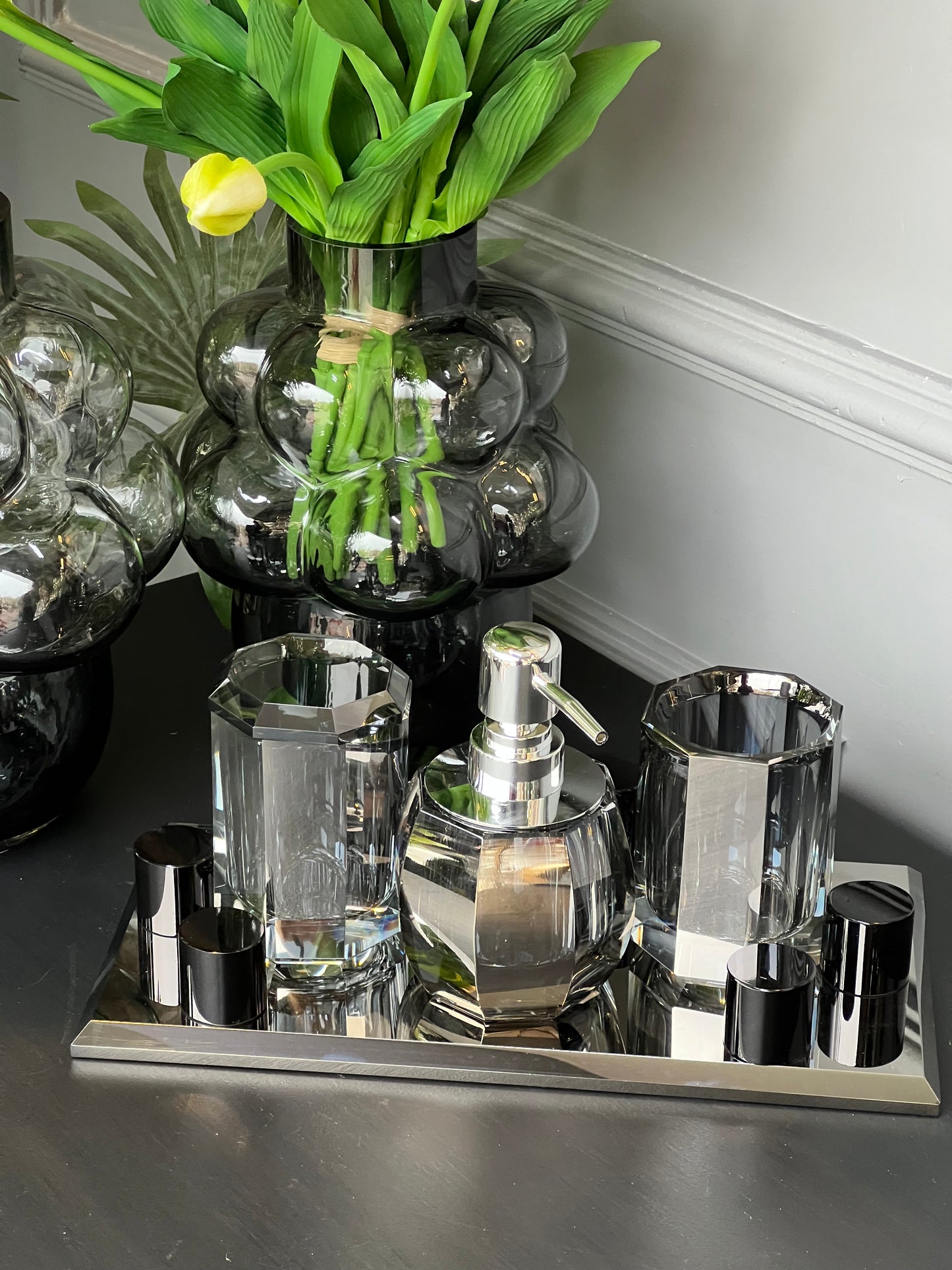 Lux Kristal Füme Gümüş Banyo Takımı 4 Parça