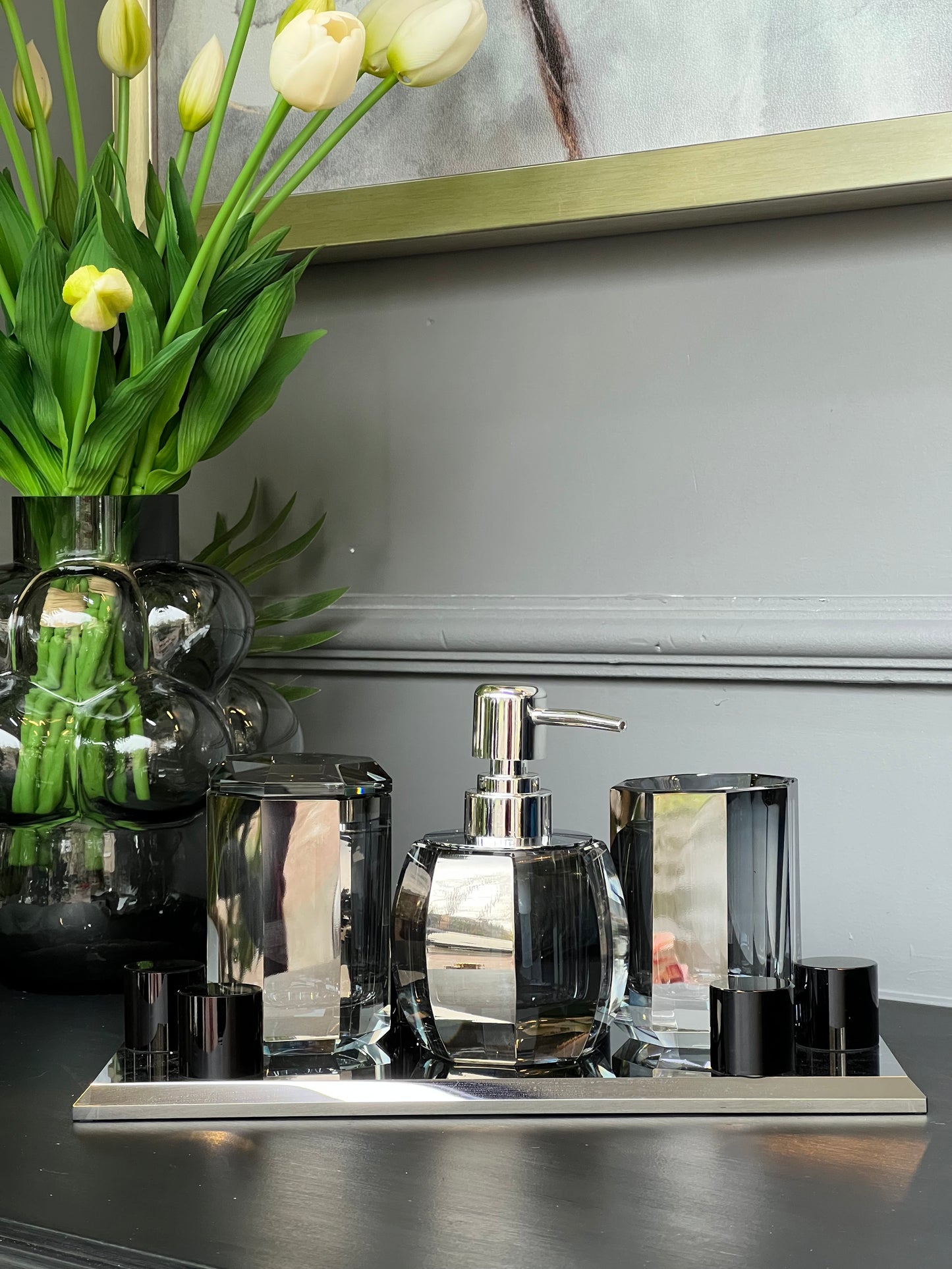 Lux Kristal Füme Gümüş Banyo Takımı 4 Parça