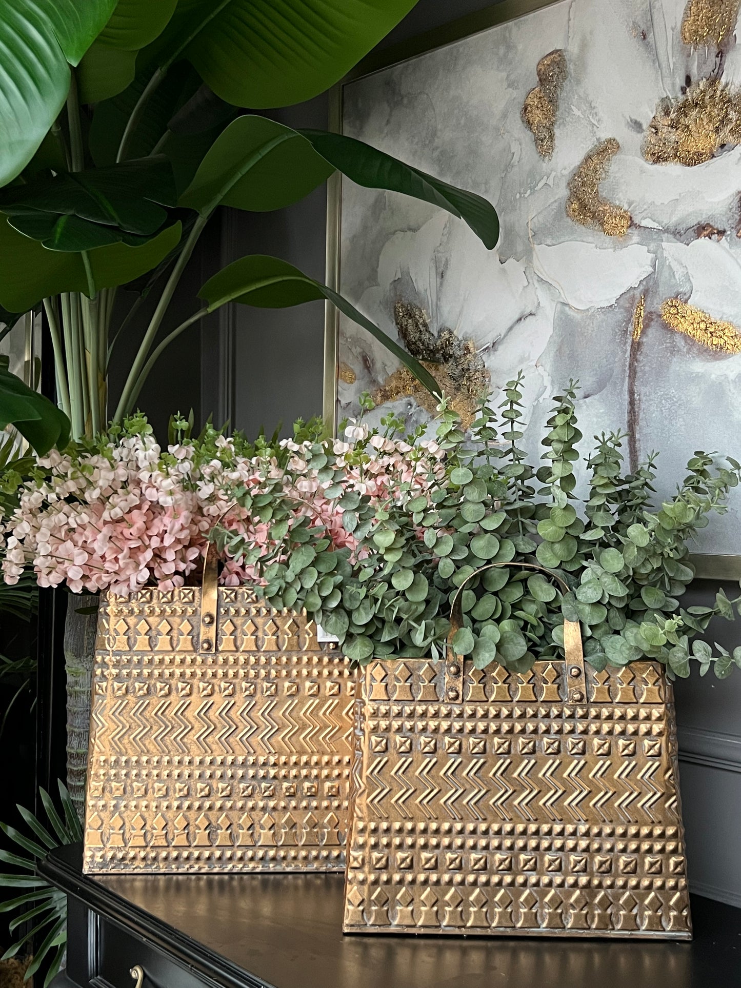 Metal Antik Gold Çanta Vazo 45 cm Büyük Boy