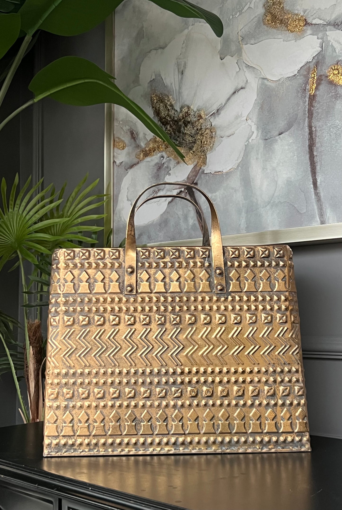 Metal Antik Gold Çanta Vazo 45 cm Büyük Boy