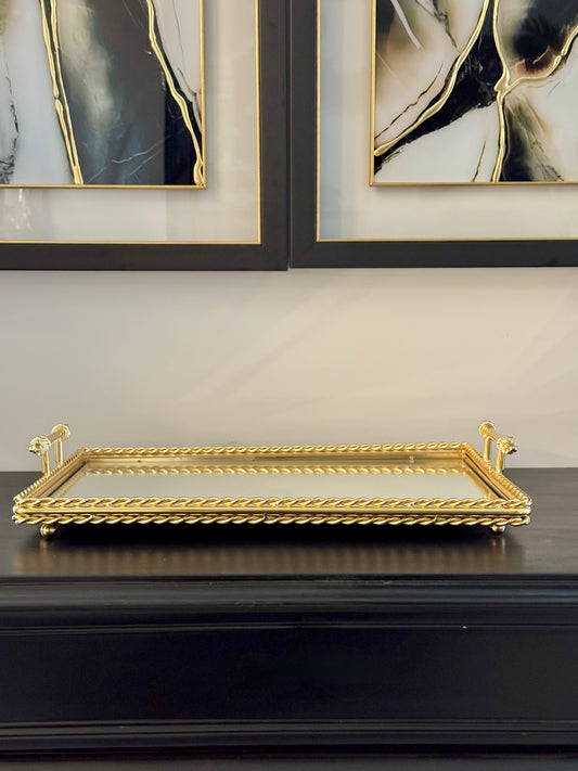 Dikdörtgen Gold 3 Katlı Kulplu Zincir Tepsi