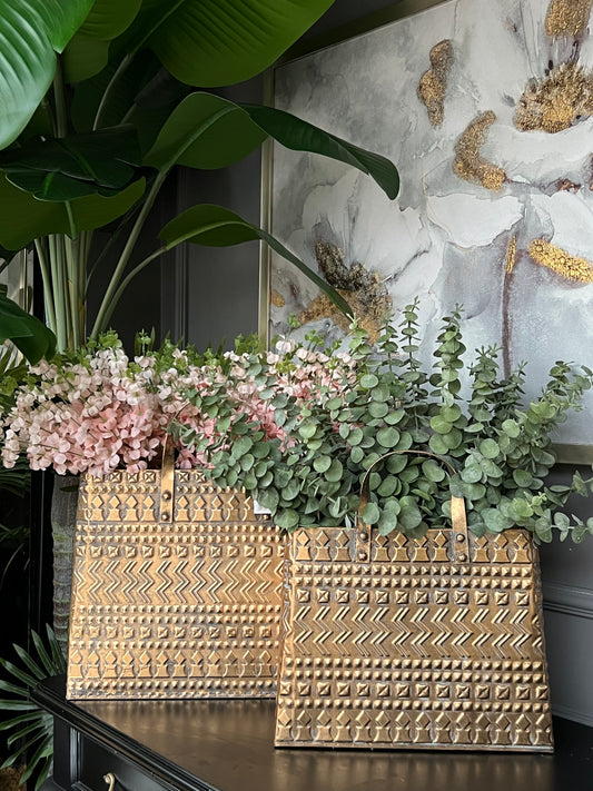 Metal Antik Gold Çanta Vazo 45 cm Büyük  Boy