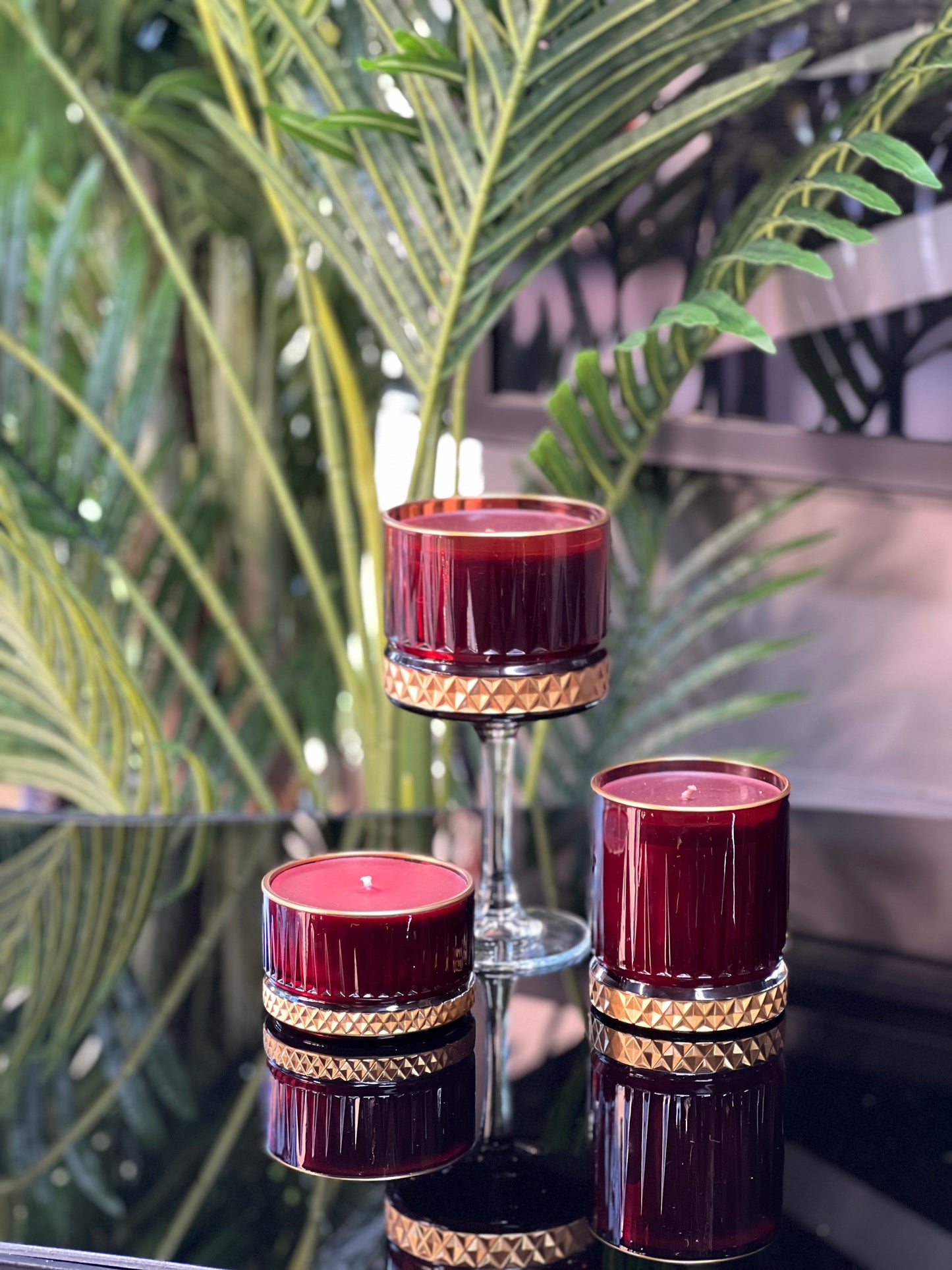 Kokulu Cam Mum Bordo Gold  3 lü