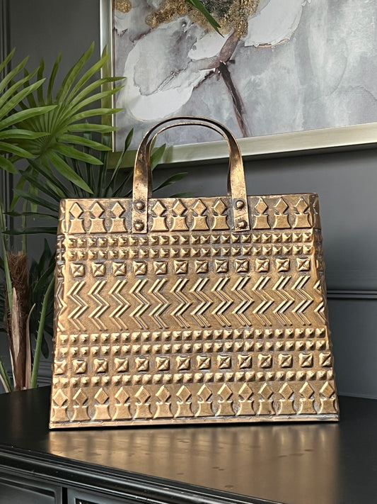 Metal Antik Gold Çanta Vazo 37 cm Küçük Boy