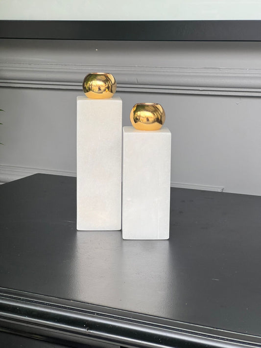 Şamdan Beyaz Mermer Gold Kafalı 2li 18*15cm